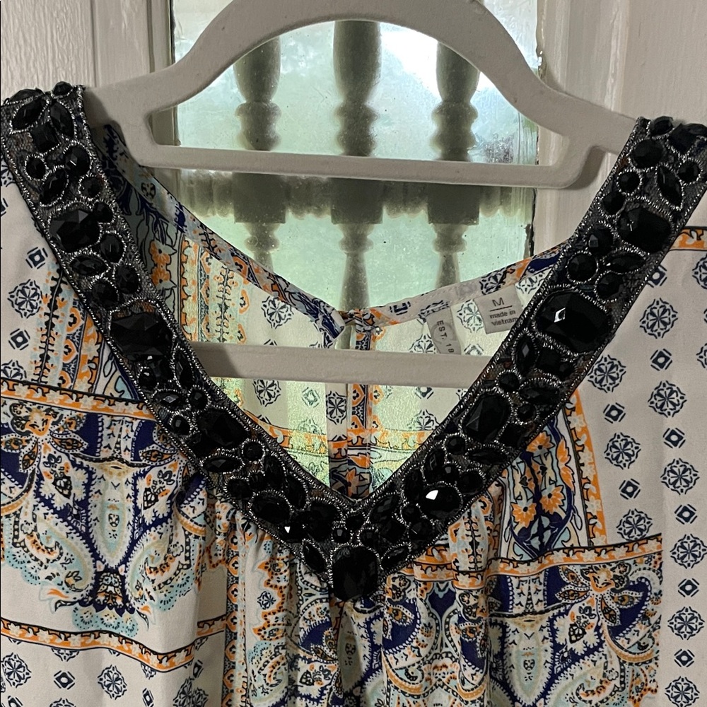 Lane Bryant Blue and Cream Patterned with Cold Shoulder Blouse